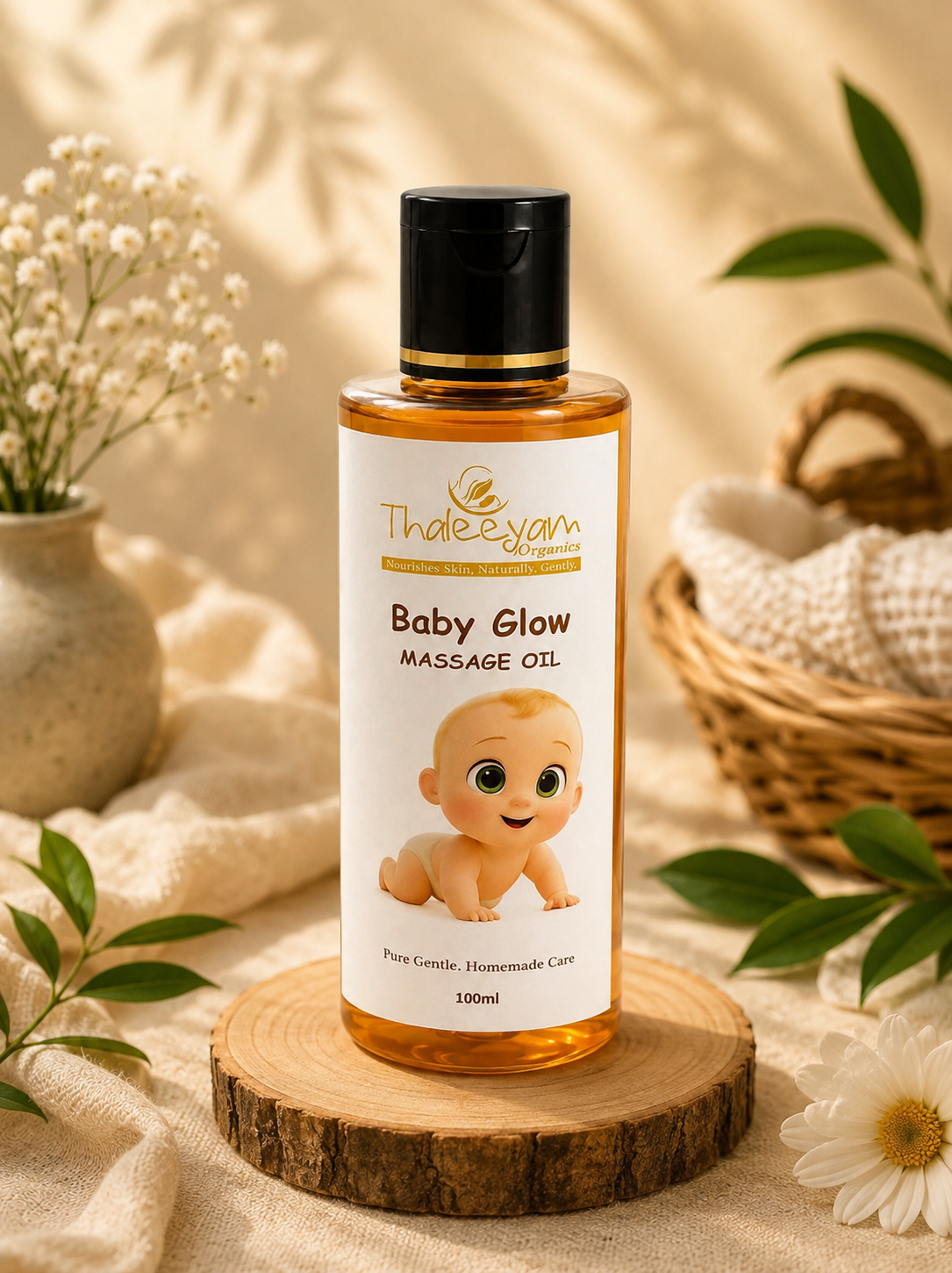 Thaleeyam Organics Baby Glow Massage Oil 100ml bottle on a wooden slice with flowers and leaves