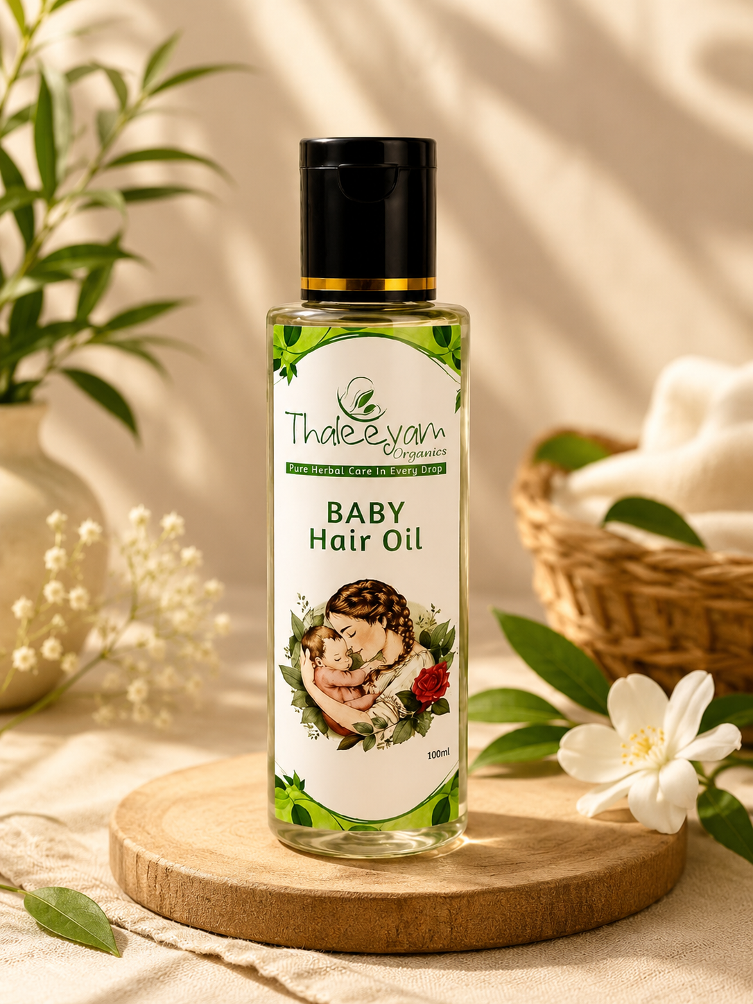 Thaleeyam Organics Baby Hair Oil 100ml bottle on a wooden slice with jasmine flowers and leaves
